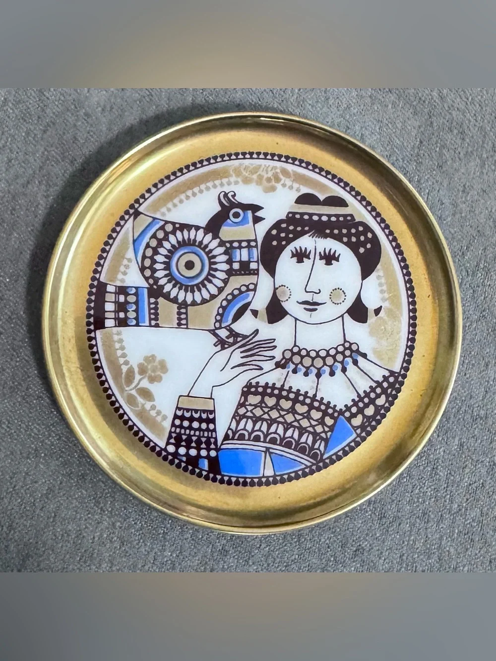 Decorative Trinket Plate with Blue and Gold Folk Art Portrait